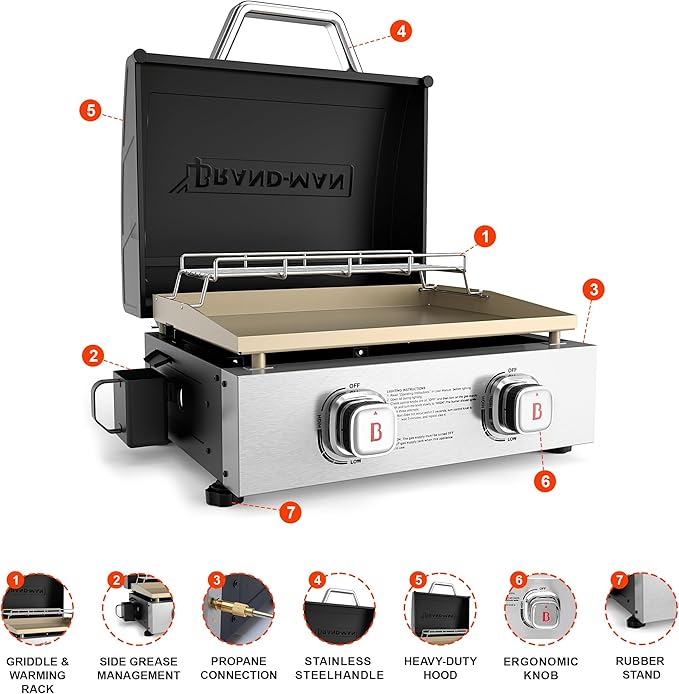 Brand-Man 2 Burner Portable Propane Griddle with Hood, 18,000 BTU Tabletop Flat Top Gas Grill with Warming Rack & Regulator for Outdoor Cooking, Camping BBQ, Tailgating Picnicking