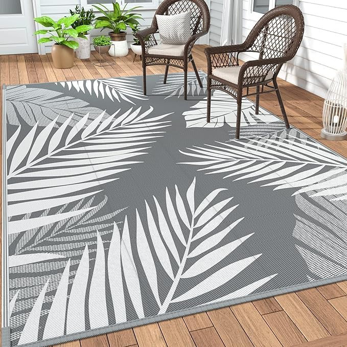 GENIMO 8'x10' Outdoor Rug Waterproof for Patio Decor, Reversible Plastic Straw Rug Carpet, Camping Mats for Outdoor, RV, Backyard, Deck, Balcony, Picnic, Mix Grey & White