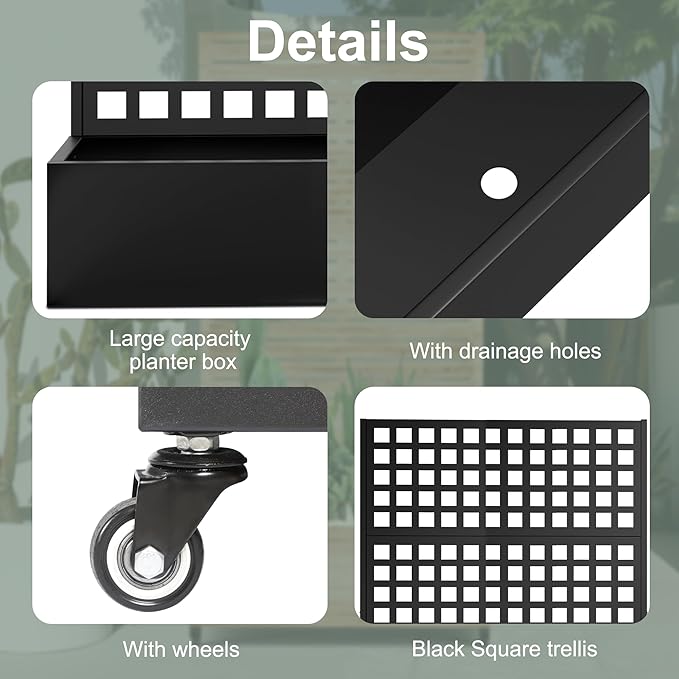Metal Raised Garden Beds Outdoor with Trellis & Privacy Screen for Outdoor Plants, Planter Box for Climbling Plants, Flowers, Vine, Large Garden Boxes with Drainage Holes (47"L×16"W×71"H, Black)