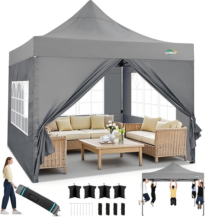 COBIZI 10x10 Heavy Duty Pop up Canopy Tent with 4 Sidewalls, Easy Set-up Commercial Outdoor Party Tent, 100% Waterproof Wedding Canopy Gazebo, 3 Height Adjustable with Wheeled Bag, Gray