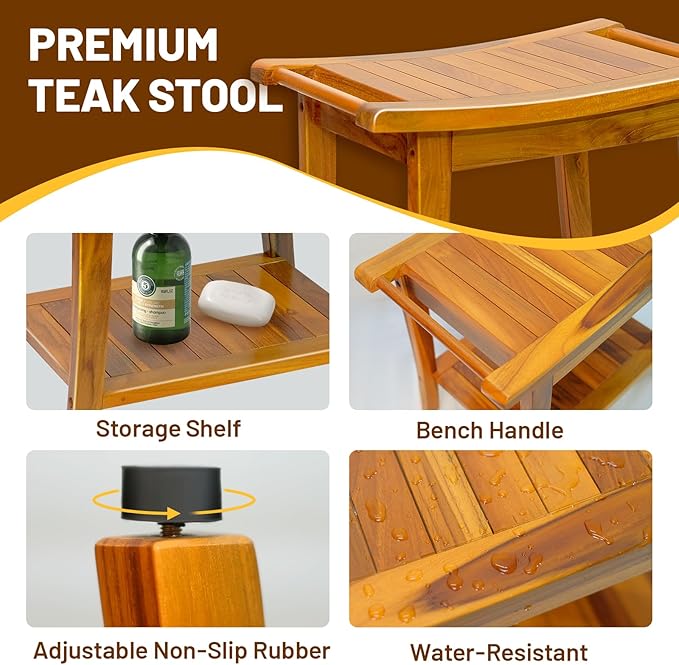 20" Premium Teak Shower Bench with Shelf & Handle, Solid Teak Shower Stool, Durable Waterproof Seat for Inside Shower, Teak Wood Bench for Bathroom, Indoor & Outdoor Use