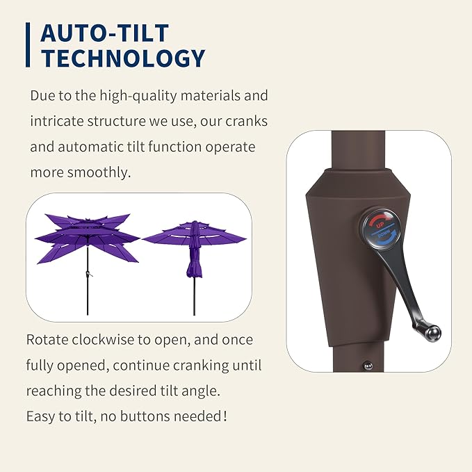 9FT 3 Tiers Patio Umbrella With Auto Tilt and Crank, Outdoor Table Market Umbrella with 8 Sturdy Ribs for Garden,Lawn,Deck,Backyard and Pool,Dark Purple