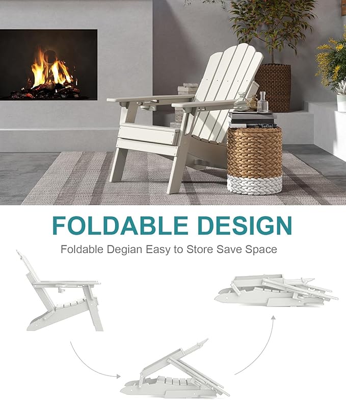 FOOWIN Adjustable Adirondack Chair, Folding Adirondack Chair with Cup Holder, HDPE All-Weather Fire Pit Chair with 3 Recline Positions, Suitable for Patio, Garden, Backyard, Poolside, White