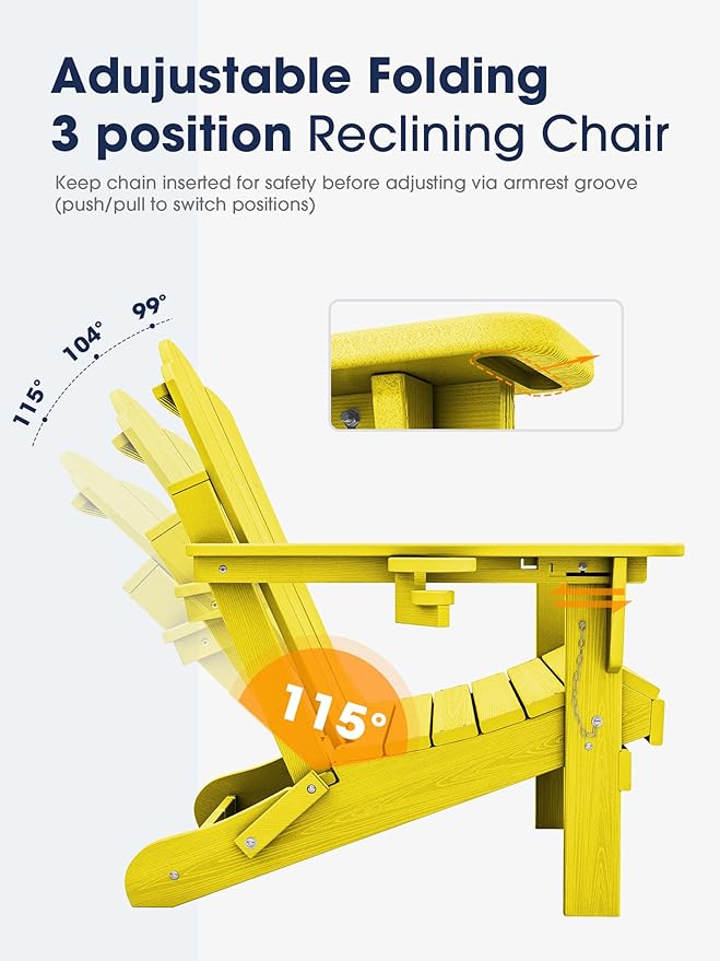 KINGYES Adjustable Folding Adirondack Chair Set of 2, 3-Position Reclining Adirondack Chairs with Cup Holder, HDPE All-Weather Oversized Adirondack for Outdoor, Patio, Backyard Deck, Fire Pit, Yellow
