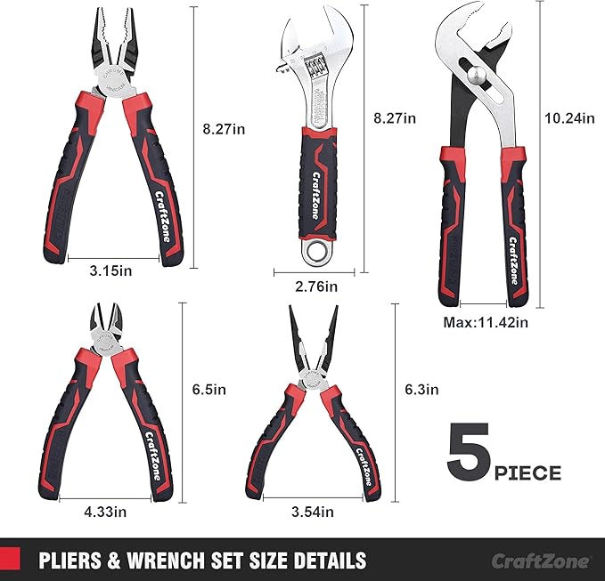 5-Piece Pliers & Wrench Set - Ideal Gift for Mechanics - Construction - Plumbing - Includes 6" Long Nose & Diagonal Pliers - 8" Adjustable & Combo Wrench - 10" Groove Joint Plier