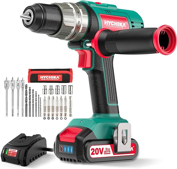 HYCHIKA Cordless Hammer Drill Driver 20V, 400 In-lbs Torque Impact Power Drill with Side Handle,1/2”Metal Chuck 21+3 Clutch, 2.0Ah Battery, LED Light for Drilling Wood Metal Wall
