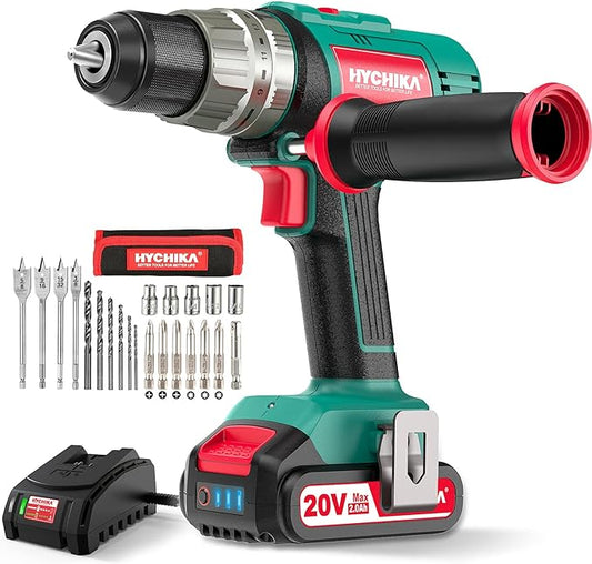 HYCHIKA Cordless Hammer Drill Driver 20V, 400 In-lbs Torque Impact Power Drill with Side Handle,1/2”Metal Chuck 21+3 Clutch, 2.0Ah Battery, LED Light for Drilling Wood Metal Wall