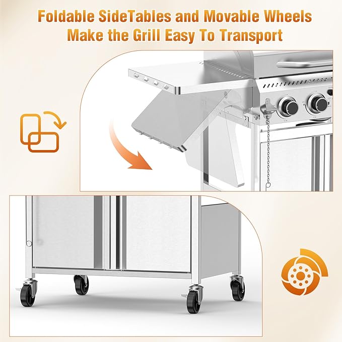 Kismile 4-Burner Gas Grill,Propane Grill with Folding Side Shelf,Heavy-Duty Thickened Stainless Steel Grill,32,000 BTU BBQ Grill for Outdoor Cooking,Barbecue,Garden and Patio Backyard