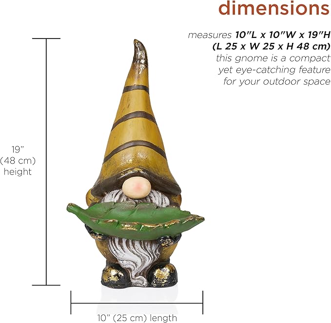 Alpine Corporation MCC854 Vintage Gnome Holding Leaf Bird Feeder with Hat, Playful Decor for Garden & Patio, 19" H, Yellow