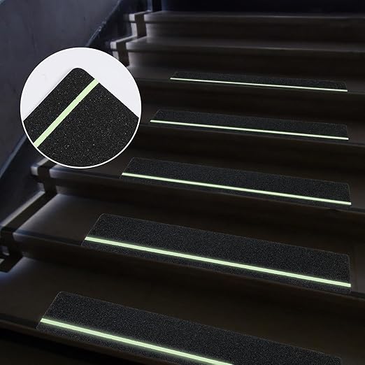 Outdoor Non Slip Tape 6'' x 32'' (12-Pack) High Traction Adhesive Treads with Free Roller - Heavy Duty 80 grit Non Slip Tape -Anti Skid Strips Black with Glow in The Dark Stripe - Grip Tape for Steps