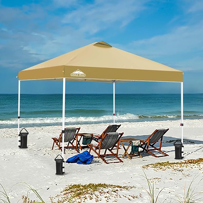 EAGLE PEAK Pop Up Canopy Tent with Wheeled Carry Bag, 8 Stakes, 4 Ropes, 4 Weight Bags, Easy Set Up Tent Canopy, 10x10 ft, 100sqft of Shade, Beige
