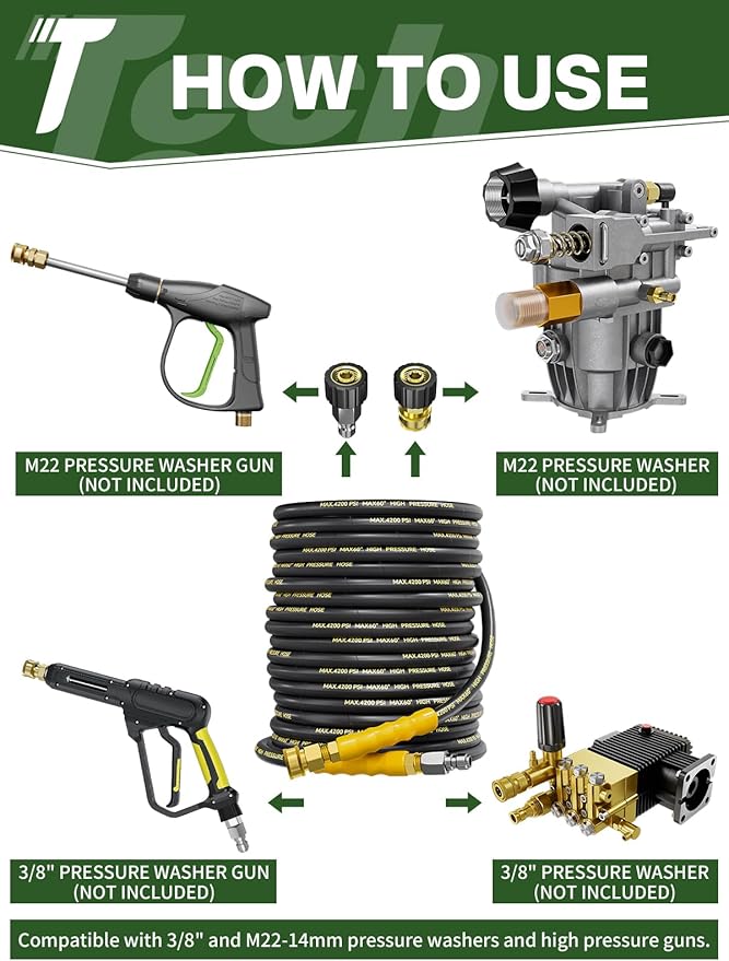 4200PSI Pressure Washer Hose 125FT with 3/8" Swivel Quick Connect for Cold/Hot Water, Kink Resistant Steel Wire Braided, Wear Resistant Power Washer Hose with 2 M22 14mm Adapter Set