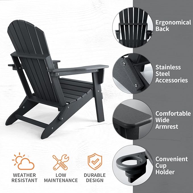 FUNBERRY Folding Adirondack Chair, HDPE All Weather Fire Pit Chairs with Cup Holder for Outdoor