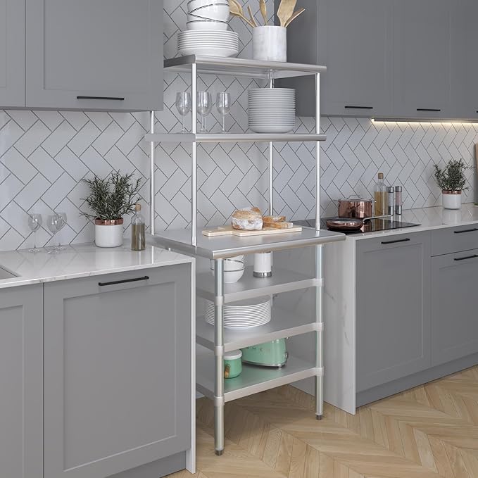 Amgood 24" x 30" Stainless Steel Work Table with 3 Shelves and 18" Wide Double Tier Overshelf | Metal Kitchen Prep Table & Shelving Combo | NSF