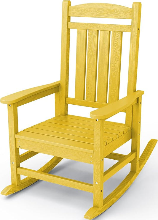 KINGYES HDPE Rocking Chairs Outdoor, Patio Rocking Chairs with 330lbs Support, Smooth Porch Rocker for Deck Lawn Yard, Yellow
