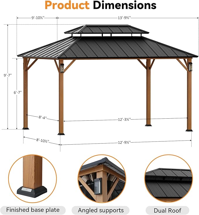 Modern Shade The Horizon Hardtop Gazebo 10' x 14' with 4 LED Lights, Permanent Outdoor Gazebo with Galvanized Steel Double Roof, Grill Pavilion with Decor Hooks, Mosquito Nettings, Wood Grain