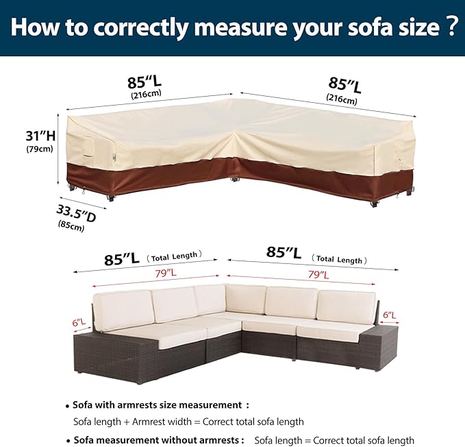 Outdoor Sectional Cover V-Shaped Garden Patio Furniture Covers Waterproof Rip-Stop Anti-UV 600D Outdoor Couch Sofa Cover with 3 Air Vents, 85"(85''L) x 33.5''D x 31''H, Beige & Reddish Brown