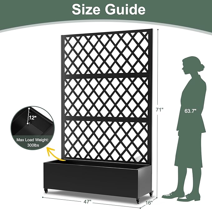 Metal Large Planter Box with Trellis for Climbing Plants Vegetables, Raised Garden Bed with Privacy Screen, 47"L×16"W×71"H Garden Boxes with Wheels & Drainage Hole (Black Diamond Lattice)