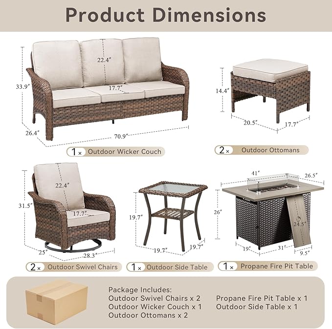 7 Pieces Patio Furniture Set with 42.5" Fire Pit Table-All Weather Wicker Outdoor Furniture with High Back Swivel Patio Chairs Set of 2 Outdoor Couch for Deck Balcony Backyard Brown/Beige