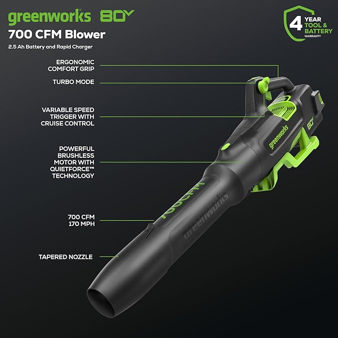 Greenworks 80V (700 CFM / 170 MPH) Brushless Cordless Leaf Blower, Commercial-Grade Power, 45-Min Rapid Charger for Wet Leaves, Heavy Debris, Gravel and Driveway Snow, Includes 2.5Ah Battery & Charger