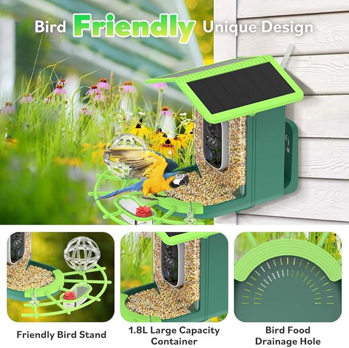 Smart Bird Feeder with Camera, Solar Powered, 2K HD & AI Identification, Color Night Vision, Weatherproof, Live View & Instant Alerts | Ideal Gift for Bird Lovers