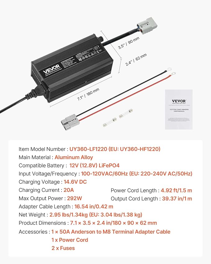 VEVOR 12V 20A Lithium Battery Charger, 14.6V, AC-DC LiFePO4 Smart Charger, with Anderson Connector, LED Indicator, 0V Activation, for Lithium LiFePO4 Deep Cycle Rechargeable Batteries of Boat, RV