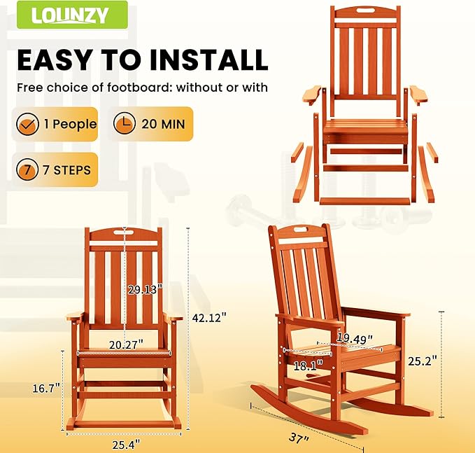 LOUNZY Outdoor Rocking Chair with Footboards Set of 4, HDPE Rocking Chair Patio Porch Rocker with 380lbs Support for Adult, Orange
