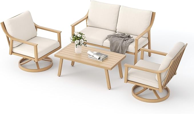 Patio Conversation Sets 4 Pieces - Aluminum Loveseat Outdoor Furniture Sets with Thick Cushion, Coffee Table and Swivel Chairs Set of 2, Rustproof and Waterproof for Porch Deck Yard, Beige
