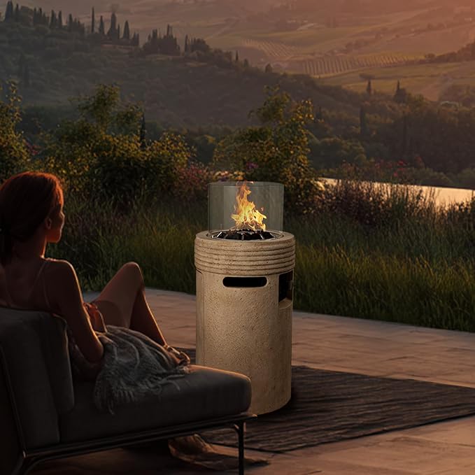 Outdoor Propane Fire Pit, 16" Propane Fire Column Patio Mgo Gas Fire Pit 50,000 BTU for Outside with Lava Rocks