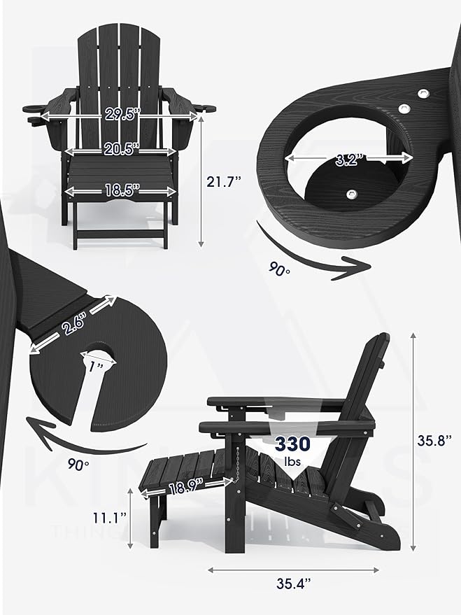 KINGYES Folding Adjustable Adirondack Chair with Retractable Ottoman Set of 2, HDPE Oversized Outdoor Chair with Cup Holder, Wood-Like Reclining Versatile Adirondack Chair, Black