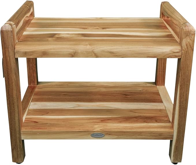 EcoDecors Eleganto 24 Inch Natural Color Waterproof Teak Wood Shower Bench Stool Seat Chair For Inside Shower Provides Safety, Storage, and Organization For Bathroom Accessories