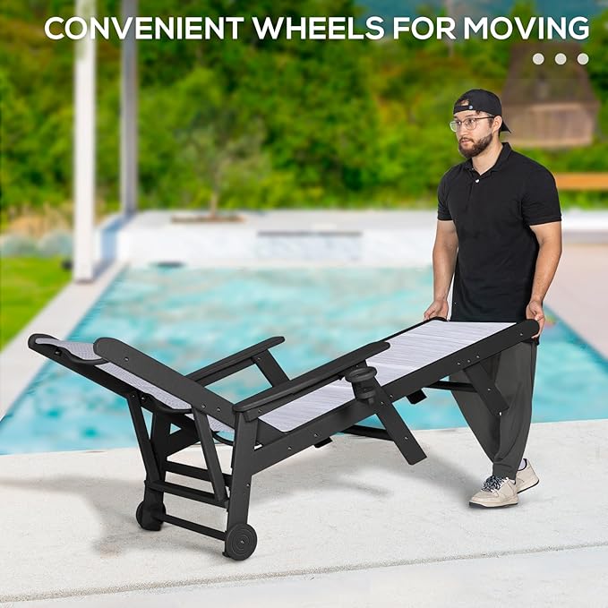 Outdoor Chaise Lounge Chair Set of 2, 5-Position Adjustable Patio Lounge Chair with Wheels & Cup Holder, HDPE Pool Lounge with Textilene Surface for Outside, Poolside (Black+White, 2)