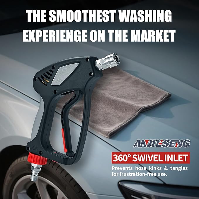 Short Pressure Washer Gun with 360 Swivel - 5000 PSI / 10.5 GPM High Pressure Water Handle with 3/8" Male Plug and 1/4" Quick Connector Coupler - Ideal Power Car Wash Foam Gun (New)