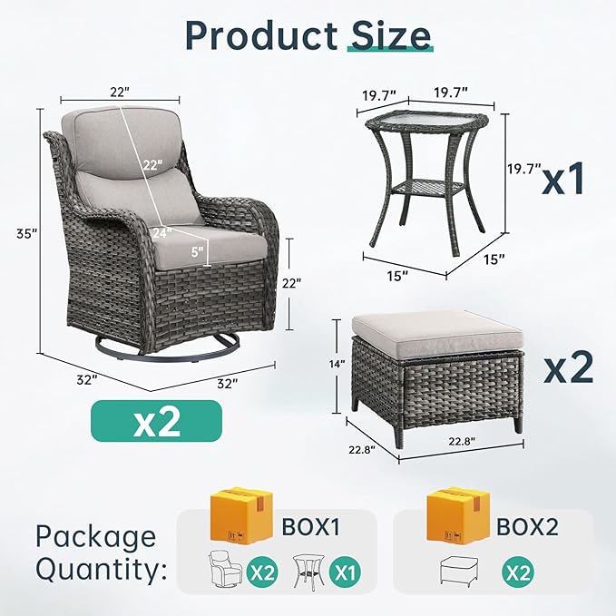 Outdoor Swivel Rocker Patio Chairs with 2 Ottomans - 5" Thick Cushion 5 Piece Furniture Set All Weather Wicker Conversation Set with Side Table for Porch Poolside and Deck - Gray/Beige