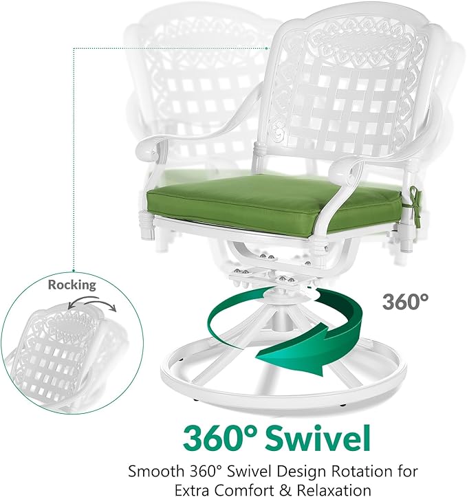 VIVIJASON 3-Piece Patio Bistro Set, Outdoor All-Weather Cast Aluminum Furniture Dining Set, Include 2 Swivel Rocker Chairs and 31" Round Table w/Umbrella Hole for Balcony, Lawn, Garden, White