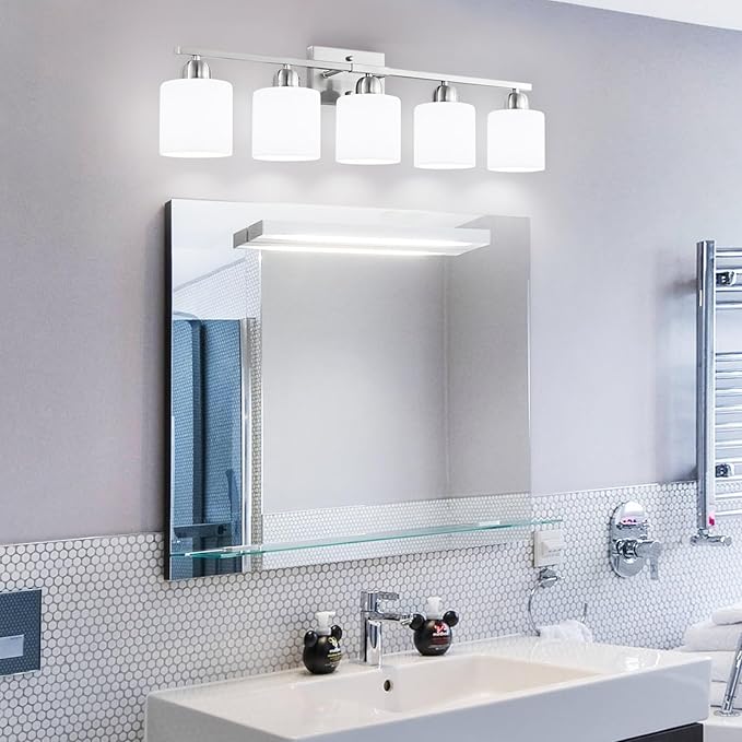 5 Light Bathroom Light Fixtures Brushed Nickel, Bathroom Vanity Light with Milky White Frosted Glass Shade, Vanity Lights for Mirror Bedroom Living Room E26 Base