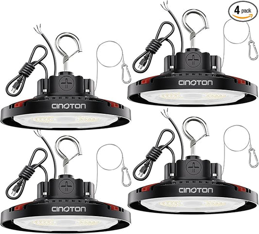 CINOTON UFO LED High Bay Light, 160W/120W/80W Switchable, AC100-277V LED Shop Lights with US Plug, 24000LM Dimmable 0-10V Commercial Bay Lighting for Garage Workshop 5000K Daylight-UL Listed, 4 Pack