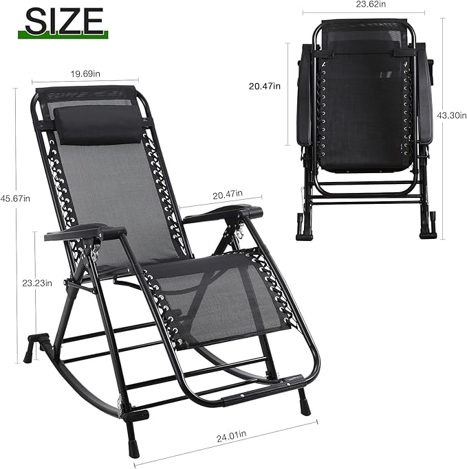 FLOGUOR Outdoor Rocking Chairs,Foldable Reclining Zero Gravity Lounge Rocker with Pillow,Footrest, for Camping Patio Garden, Supports 330 LBS (Black1)