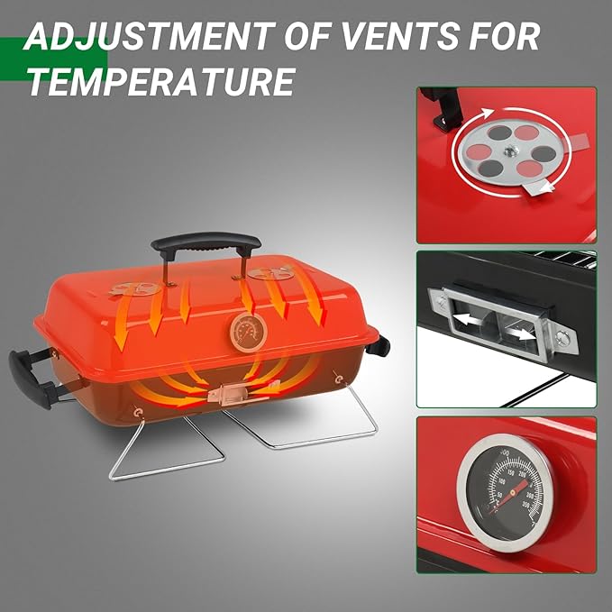 VINGLI 20'' Portable Charcoal Grill with Thermometer & Handle, Metal Compact Tabletop BBQ Grill, Outdoor Cooking Barbecue for Camping Travel Picnic Patio