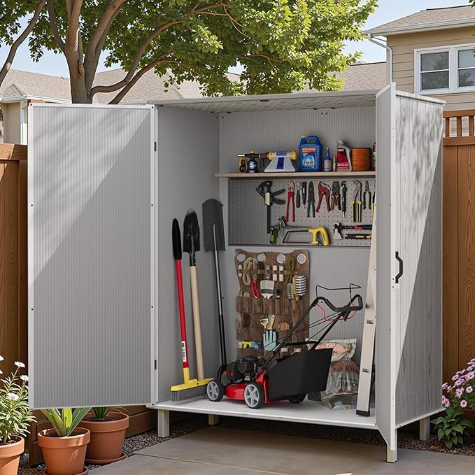 Patiowell Outdoor Storage Shed 5x3 FT, Plastic Garden Organizer Cabinet with Lockable Doors & Strong Roof for Patio Furniture, Pool Accessories, Lawn Tools, Light Grey