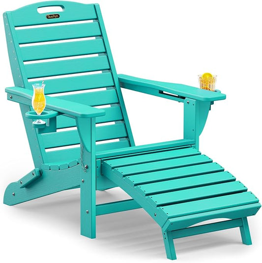 Folding Adirondack Chair with Retractable Ottoman Weather Resistant Fire Pit Chair Patio Chair with 2 Cup Holder Lawn Outdoor Lounge Chair (Tiffany Blue)