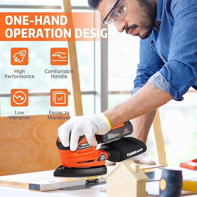 THINKWORK Cordless Detail Sander - 20V/2.0 Ah Battery Sander, 12000 RPM Electric Palm Sander with Dust Collection System for Sanding Tight Spaces on Wood Surfaces, Included 21 Sandpapers