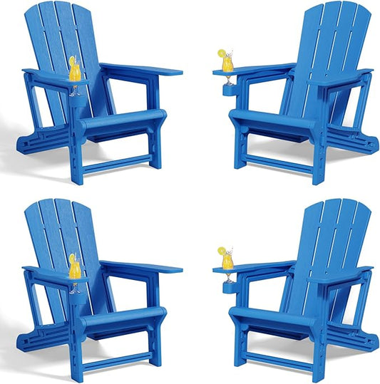 Adirondack Chairs Set of 4,Adirondack Chair with Cup Holders,Wooden Textured Plastic Fire Pit Chair,All-Weather Outdoor Patio Chairs for Lawn,Backyard Deck, Porch,400LBS Heavy-Duty，Klein Blue