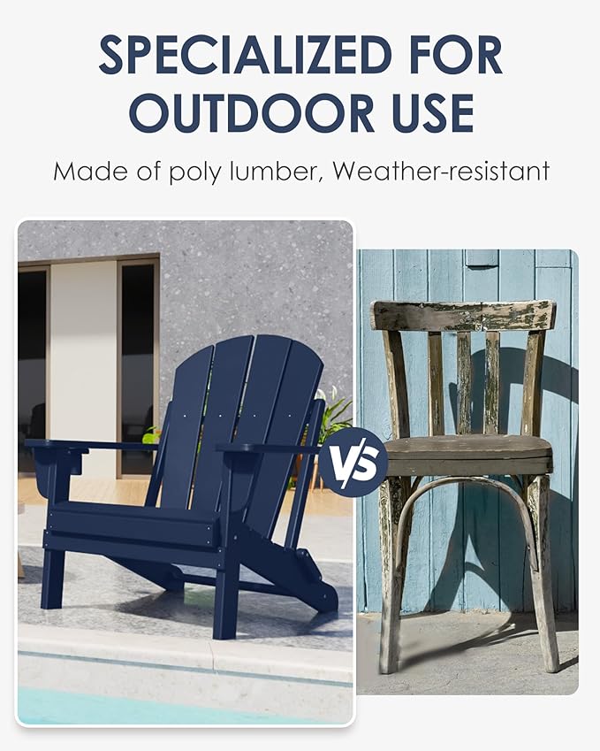 Folding Adirondack Chairs Set of 2, All-Weather Resistant HDPE Patio Firepit Chairs, Sturdy Outside Chairs with Cup Holder, Lawn Chairs, 80% Pre-Installed Load Capacity 385lb, Navy Blue