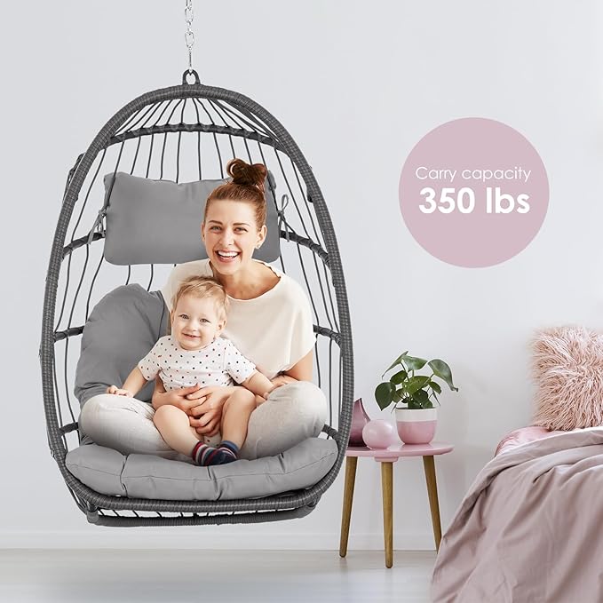 Hanging Egg Chair Without Stand - Foldable Indoor Outdoor Wicker Rattan Swing Egg Chair with Hanging Chain Hammock Chair - UV Resistant Cushions & Aluminum Frame for Bedroom Patio Camping (Grey)