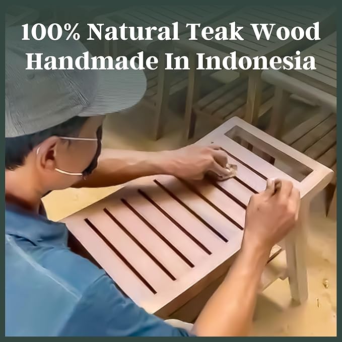 Teak Shower Bench 18 Inch – Fully Assembled Waterproof Seat with Curved Design – Durable Wooden Stool for Bathroom, Spa, or Outdoor Use