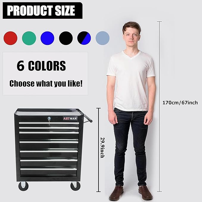 7 Drawers Tool Cart on Wheels,Multifunctional Rolling Tool Chest Tool Storage,Drawers Rolling Tool Trolley Organizer Tool Case for Garage,Warehouse,Workshop,Repair Shop (7 Drawers-29.9"H-Black)