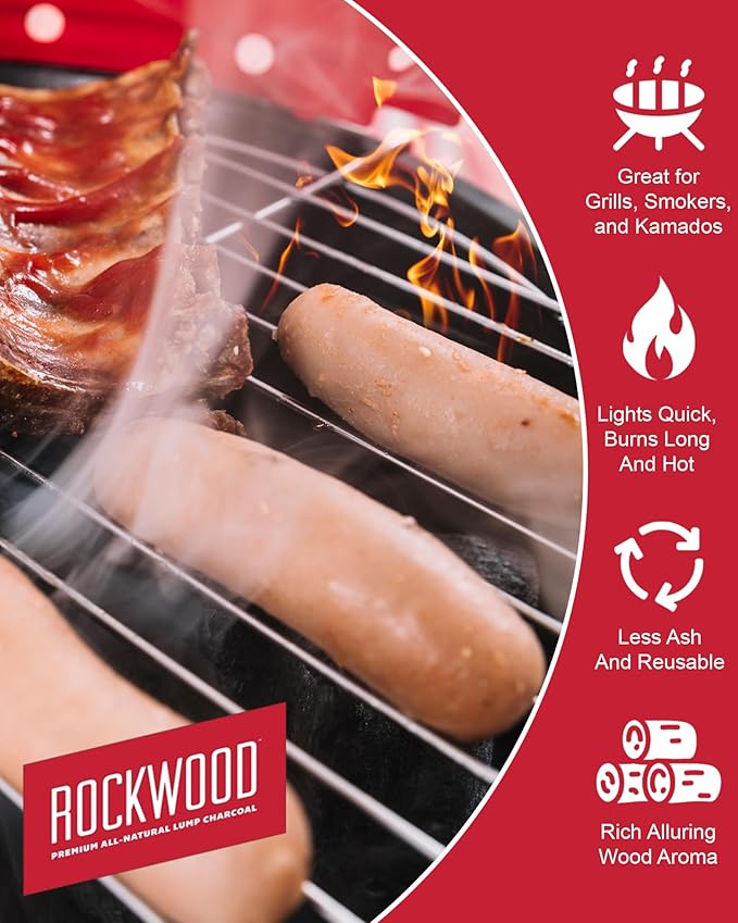 Rockwood Natural Lump Charcoal – Oak, Hickory & Cherry Hardwood Blend for Barbecue Smoking, High-Heat Grilling, & Outdoor Cooking – Clean Burning, Ideal for Kettle & Kamado Grills – 20lbs (6 Packs)