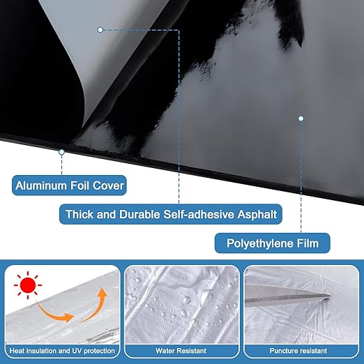Flashing Roll Tape Asphalt Membrane, 6 inches X 32 Feet 60Mil Thick Waterproof Asphalt Patch Seal Tape Roll, Self-Adhesive Roof Sealant, Asphalt Repair for Door Roof Window Gutter Outdoor （2 Rolls)
