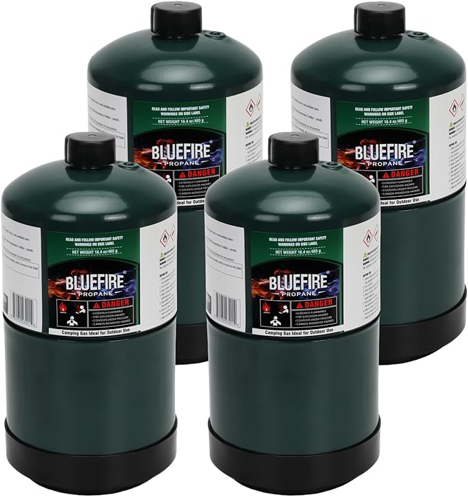 KOMAN BLUEFIRE 1lb Propane Tank Camping Propane Tank Pack of 4 Portable Canister Propane Gas Tank Small Propane Tanks for Camping Stove Outdoor Backpack Mini Burner Heater Cooking Torch Lamp